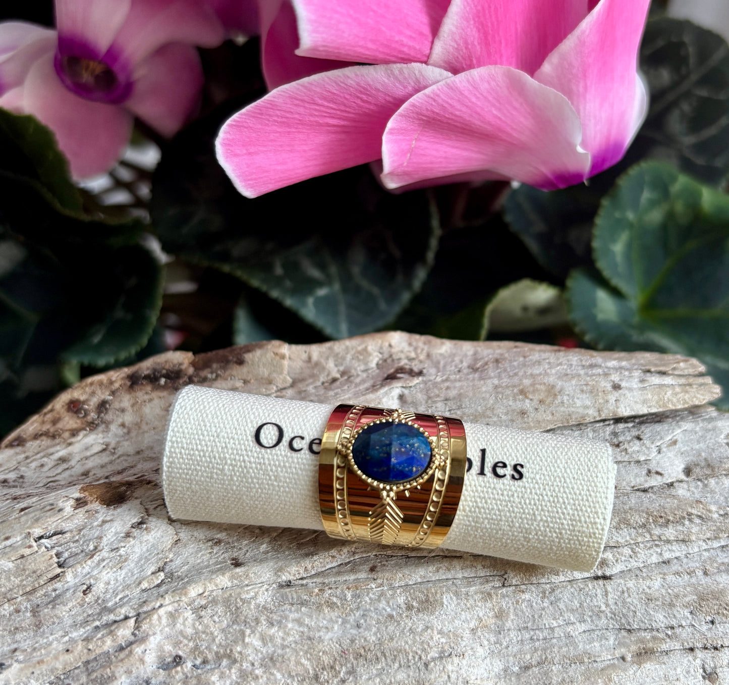 18ct Gold Plated Faceted Natural Stone Wide Band Ring - Available in Two Options