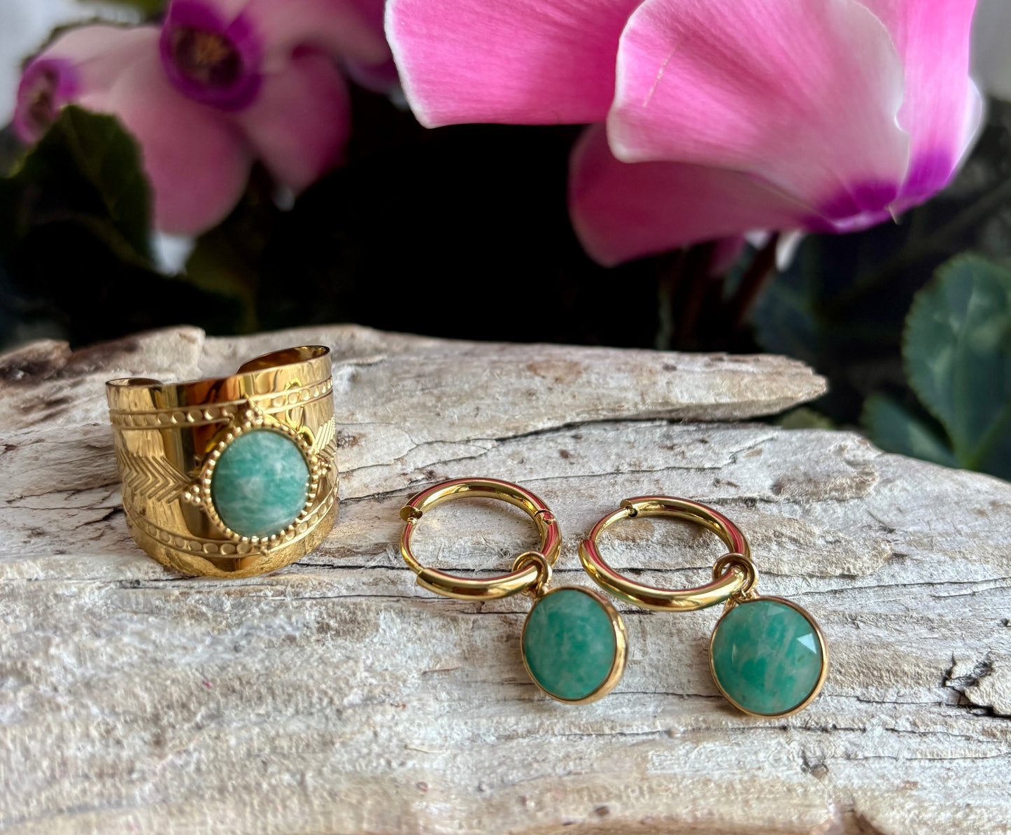 18ct Gold Plated Faceted Natural Stone Wide Band Ring - Available in Two Options
