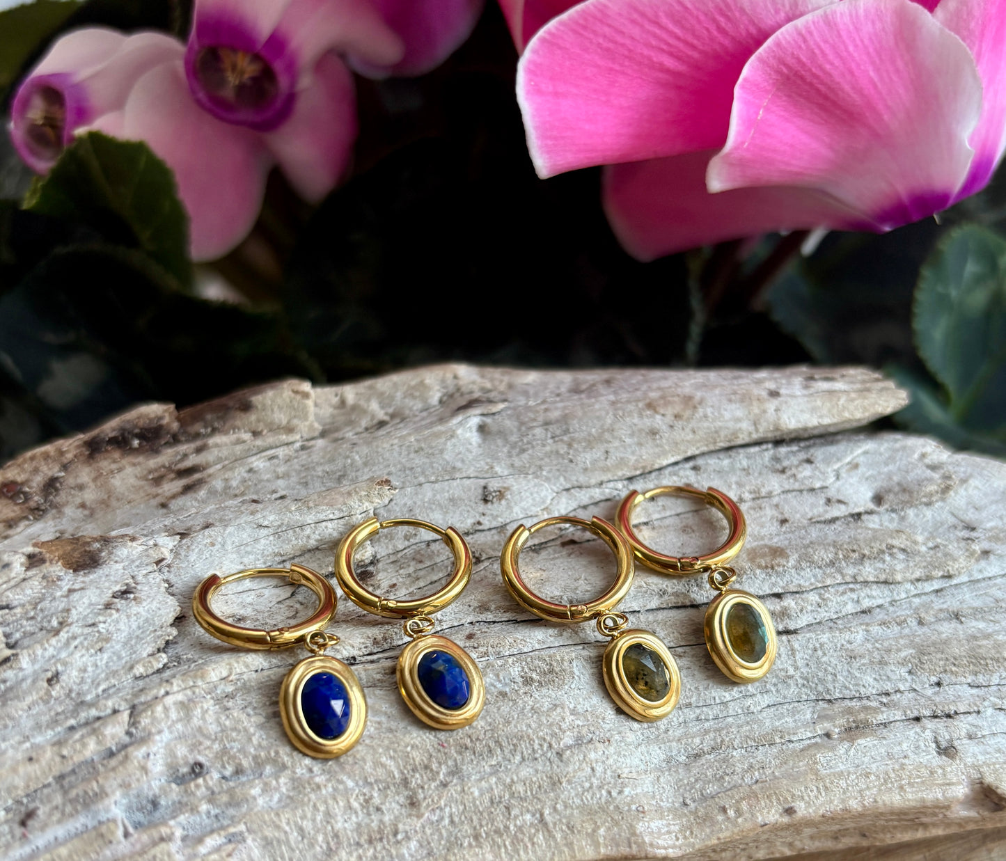 18ct Gold Plated Faceted Natural Stone Huggie Earrings - Available in Two Options