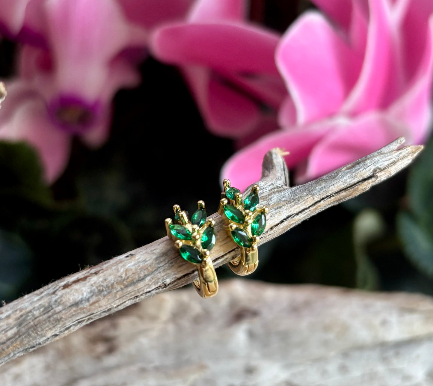 18ct Gold Plated Cubic Zirconia Leaf Huggie Earrings - Available in Two Colours