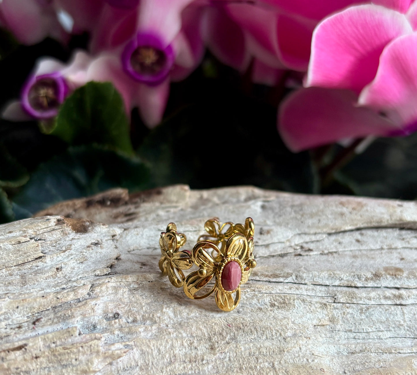 18ct Gold Plated Faceted Natural Stone Flower Ring - Available in Three Options