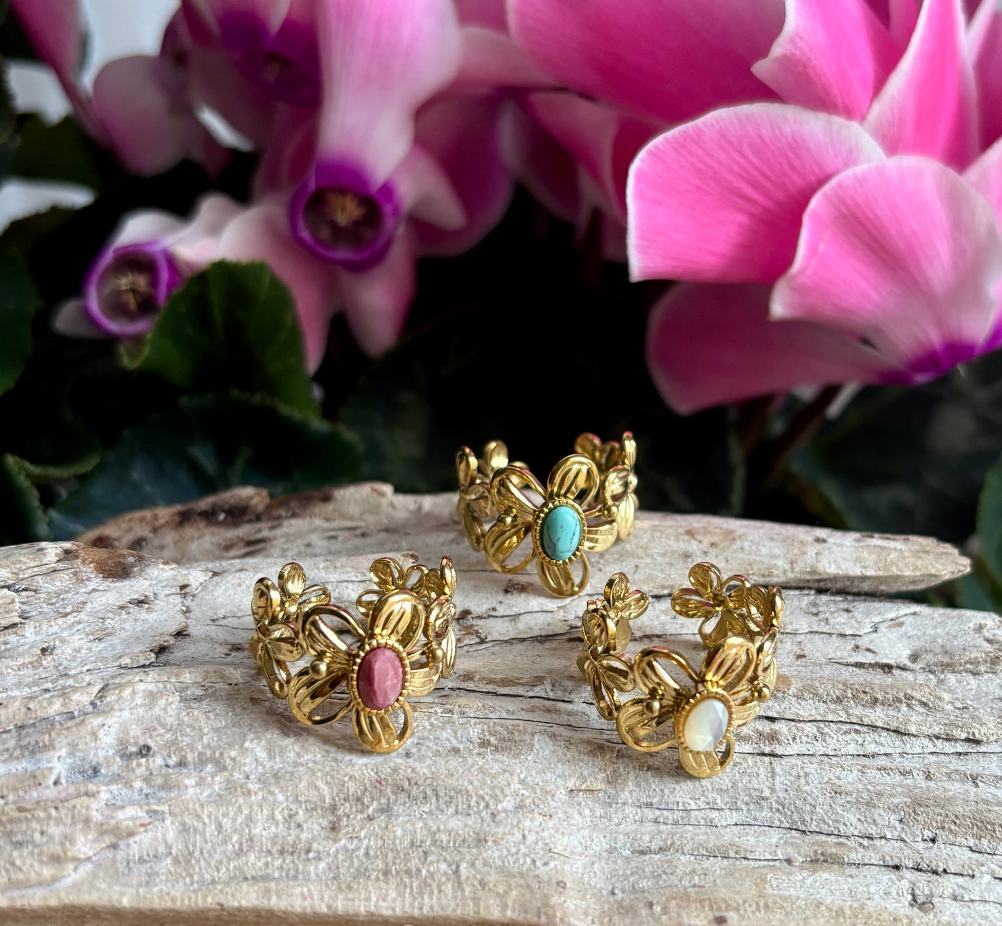 18ct Gold Plated Faceted Natural Stone Flower Ring - Available in Three Options