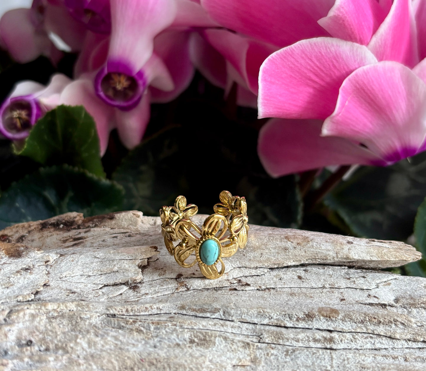 18ct Gold Plated Faceted Natural Stone Flower Ring - Available in Three Options