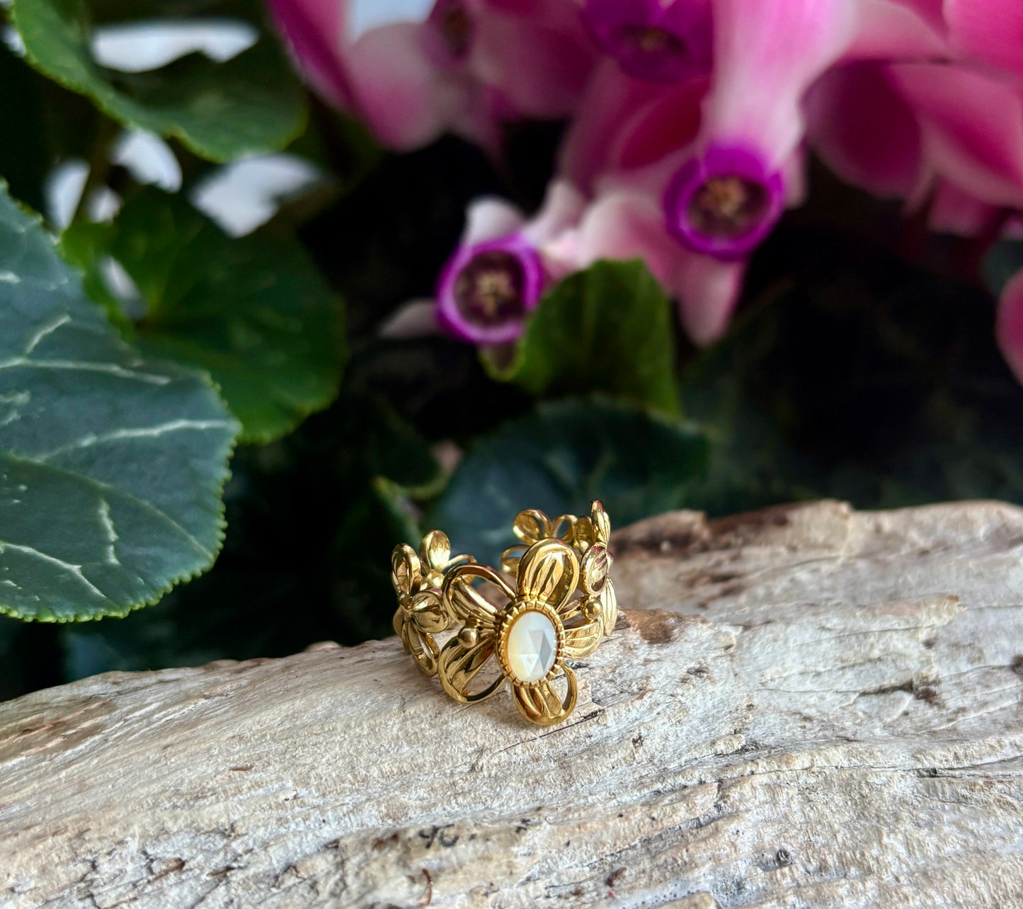 18ct Gold Plated Faceted Natural Stone Flower Ring - Available in Three Options