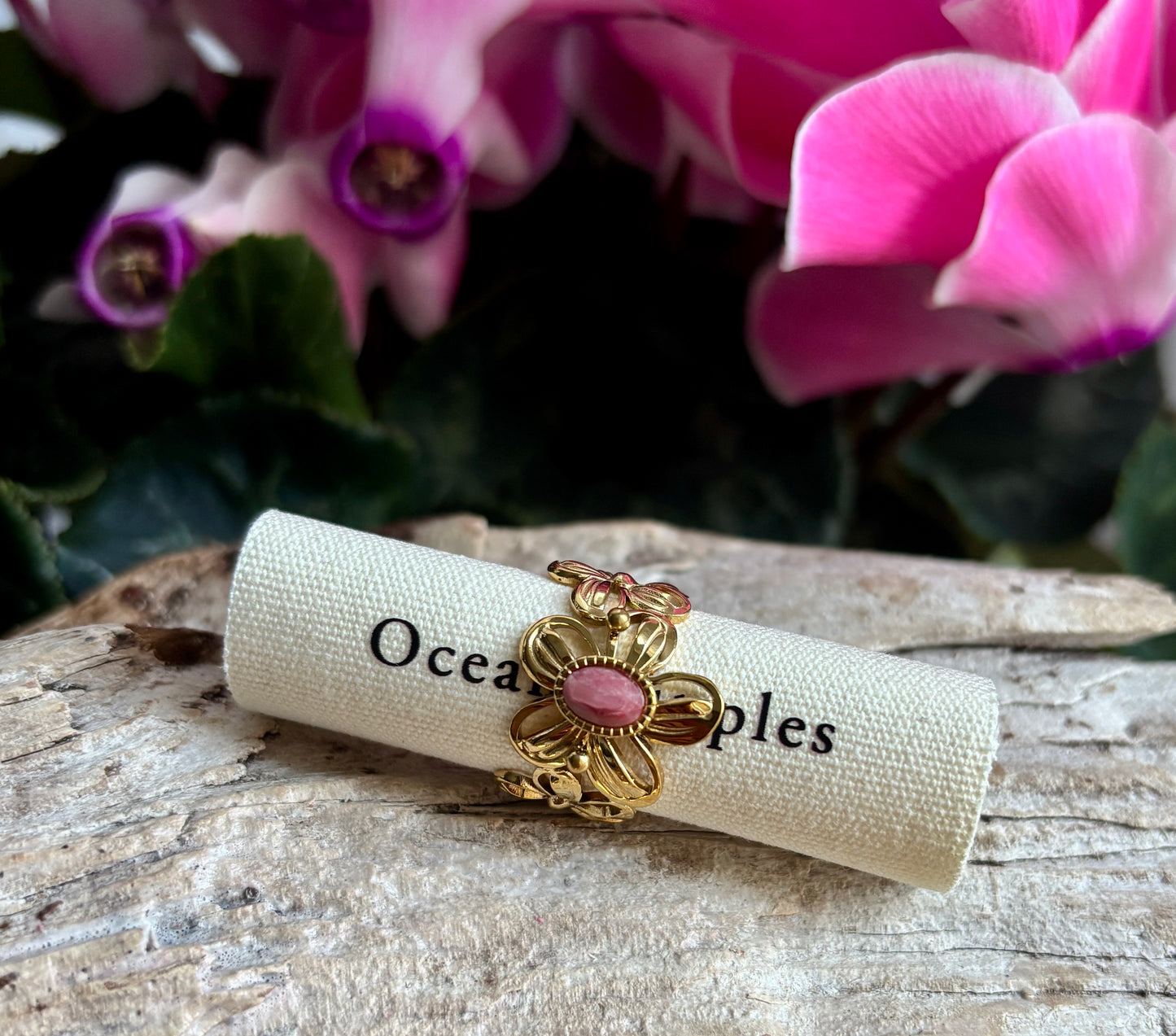 18ct Gold Plated Faceted Natural Stone Flower Ring - Available in Three Options