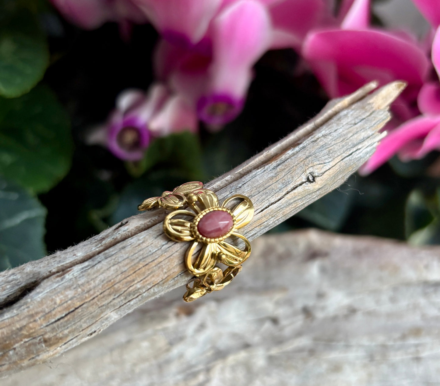18ct Gold Plated Faceted Natural Stone Flower Ring - Available in Three Options