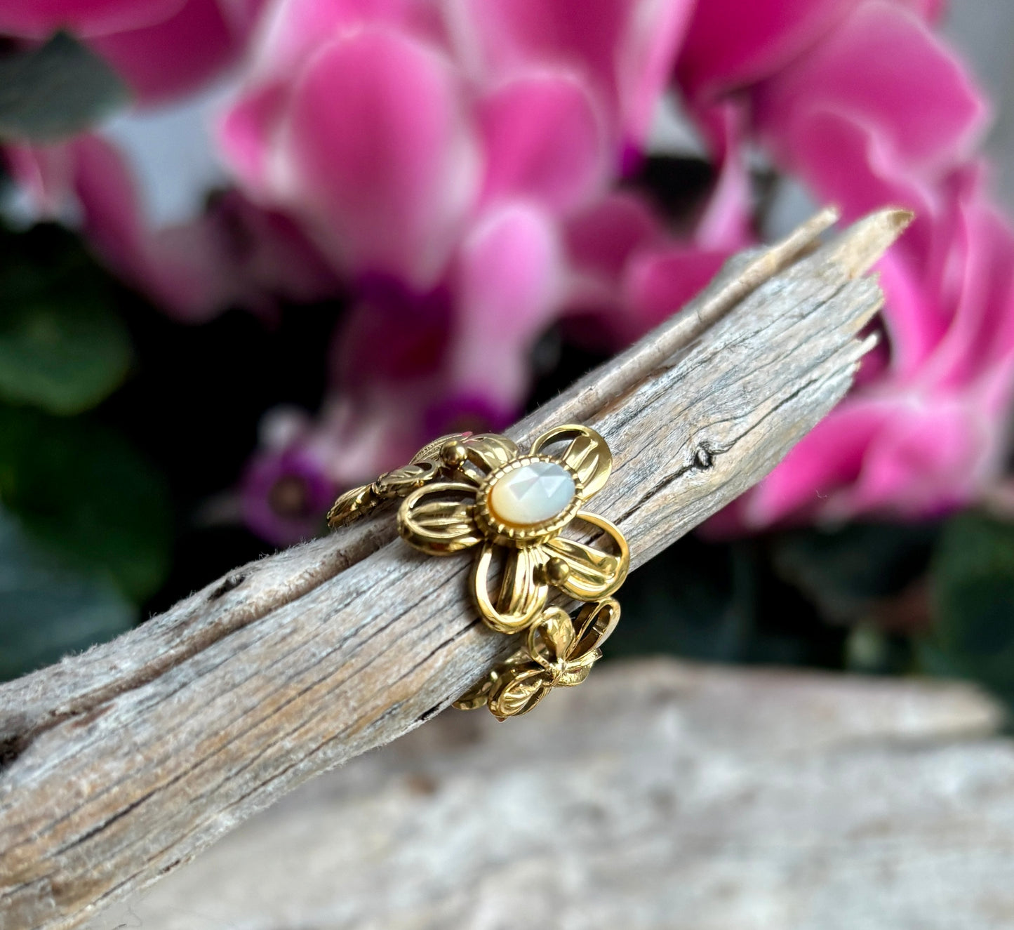 18ct Gold Plated Faceted Natural Stone Flower Ring - Available in Three Options