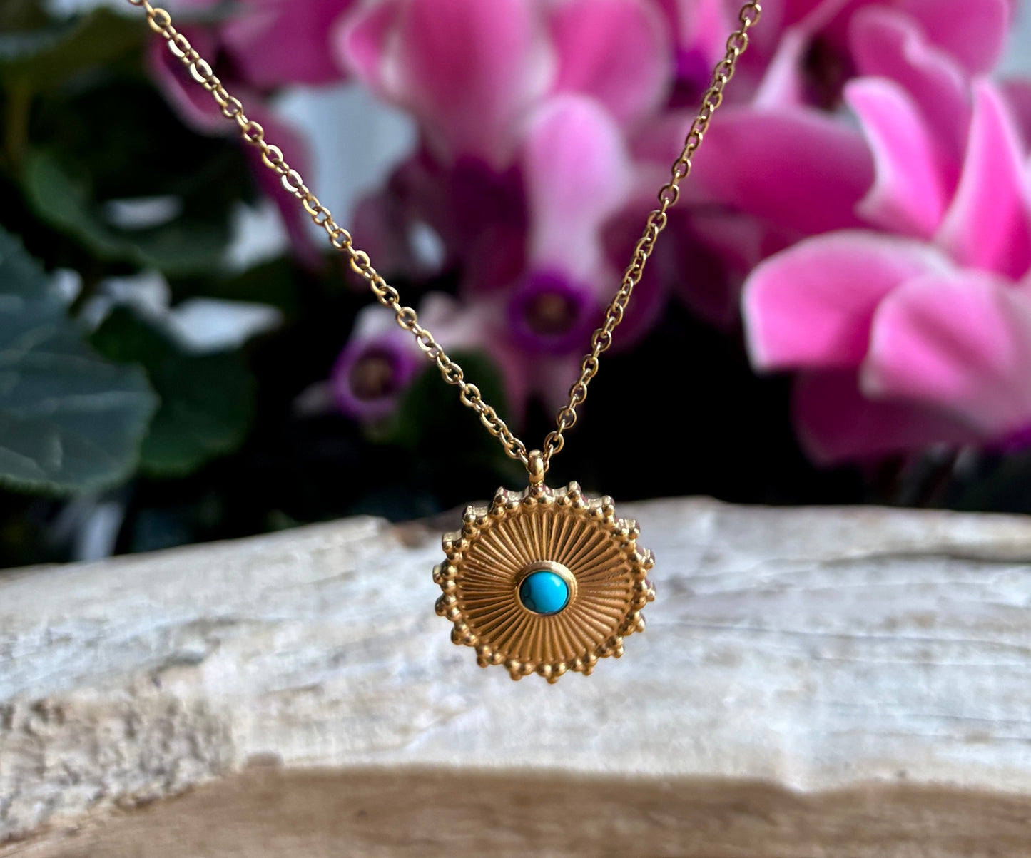 18ct Gold Plated Turquoise Sun Disc Necklace
