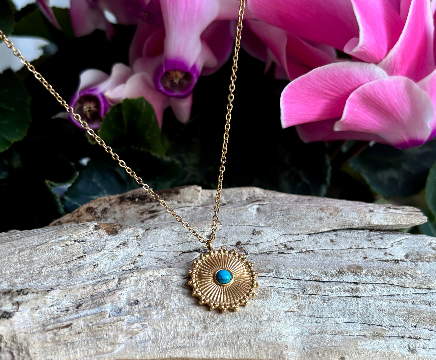 18ct Gold Plated Turquoise Sun Disc Necklace