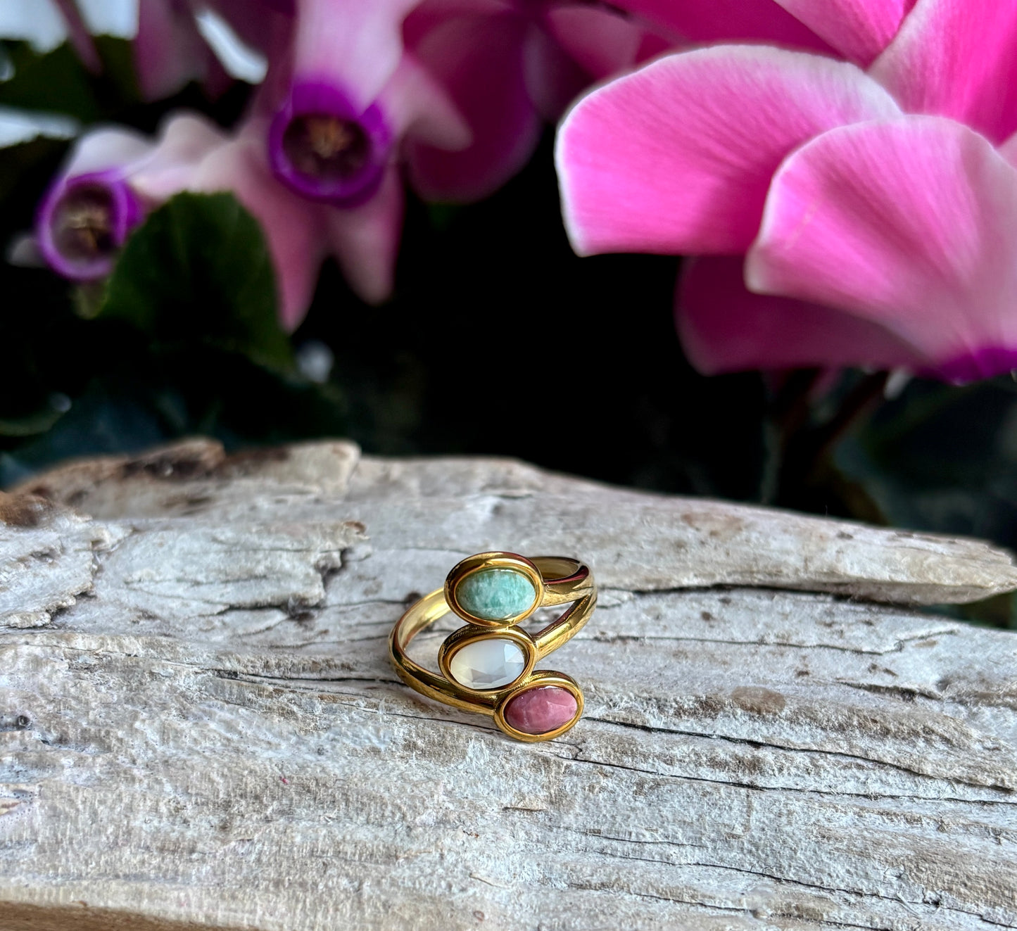 18ct Gold Plated Natural Stone Triple Band Ring - Available in Two Options