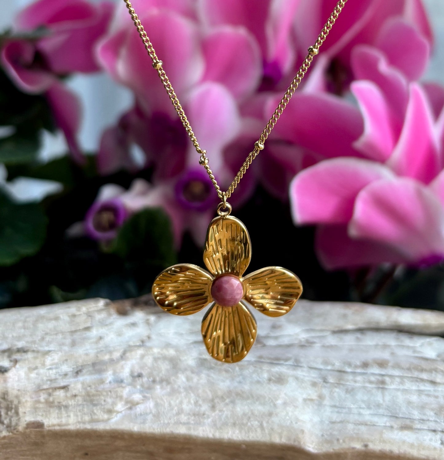 18ct Gold Plated Natural Stone Flower Pendant Necklace - Available in Two Options