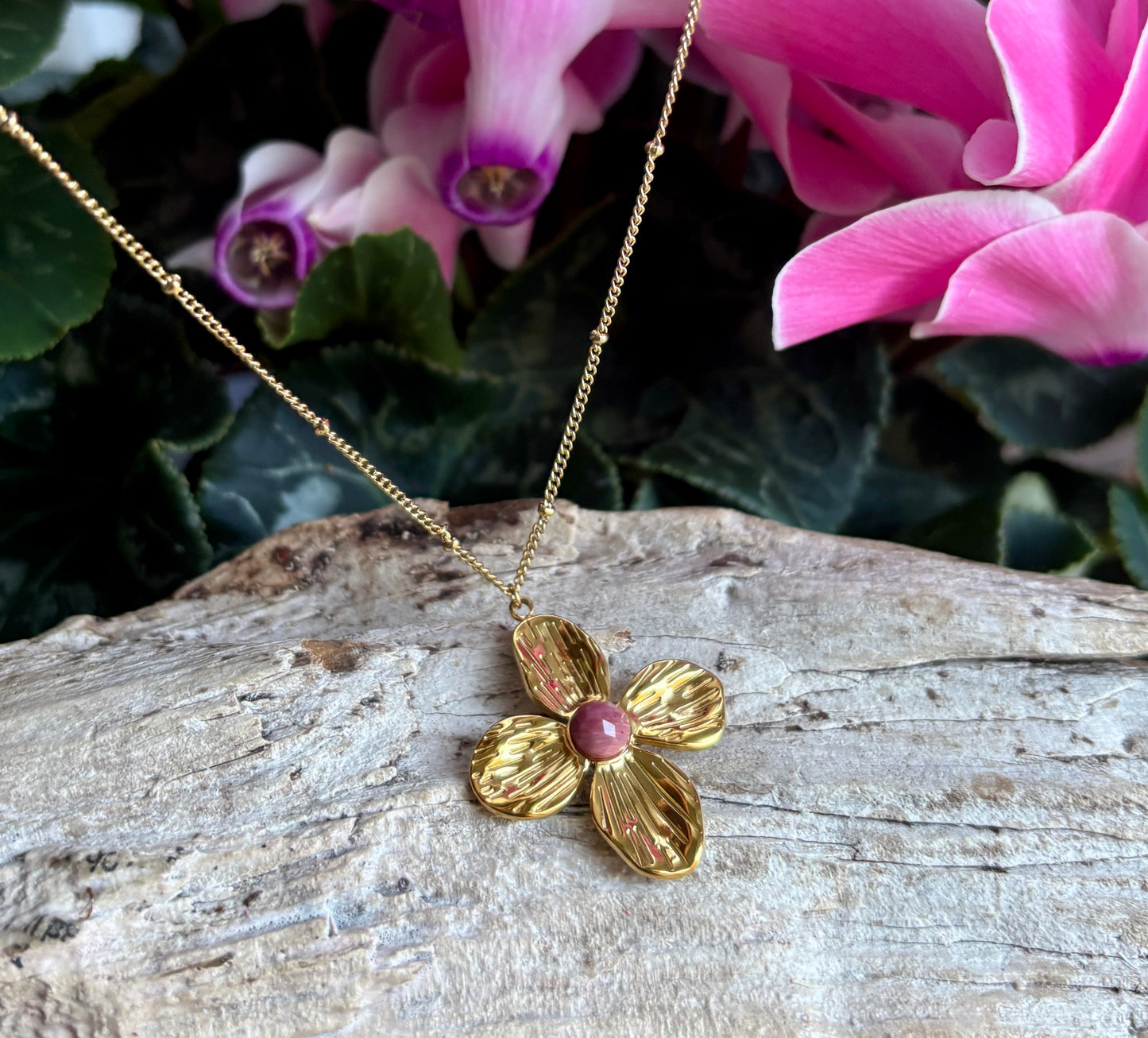 18ct Gold Plated Natural Stone Flower Pendant Necklace - Available in Two Options