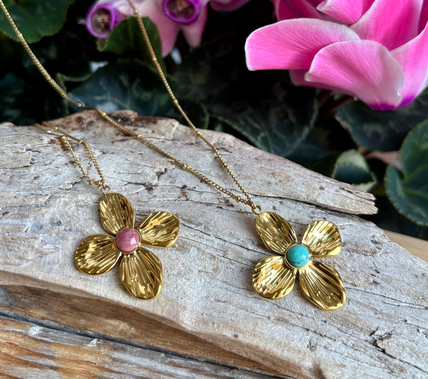 18ct Gold Plated Natural Stone Flower Pendant Necklace - Available in Two Options