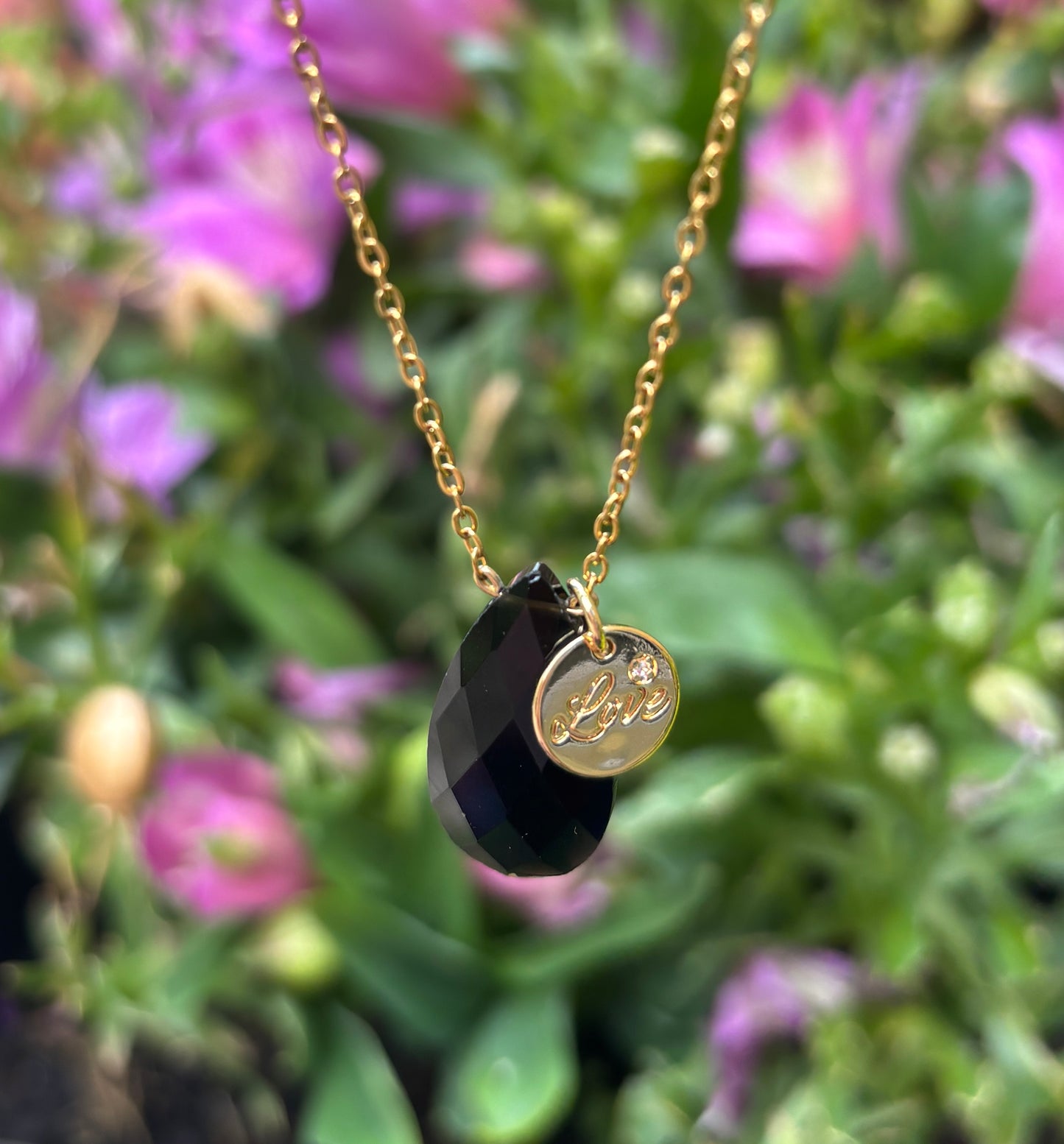 Personalised 18ct Gold Plated Black Obsidian Drop Necklace + Free Bracelet