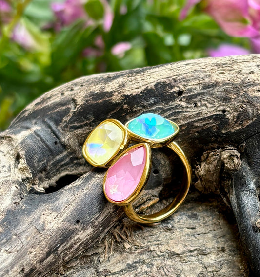 18ct Gold Plated Faceted Glass Adjustable Ring 