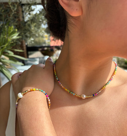 18ct Gold Plated Miyuki Rainbow Necklace & Bracelet Set - Save BIG