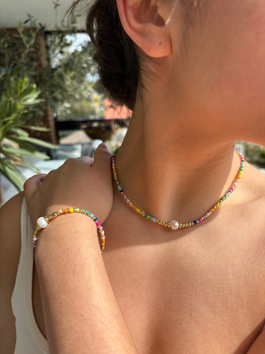 18ct Gold Plated Pearl Rainbow Necklace - Available in Silver