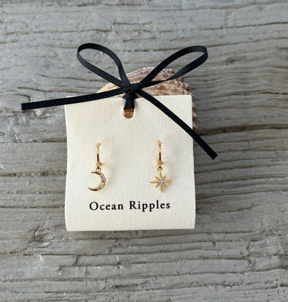 14ct Gold Plated Mismatched Cubic Zirconia Star And Moon Huggie Earrings