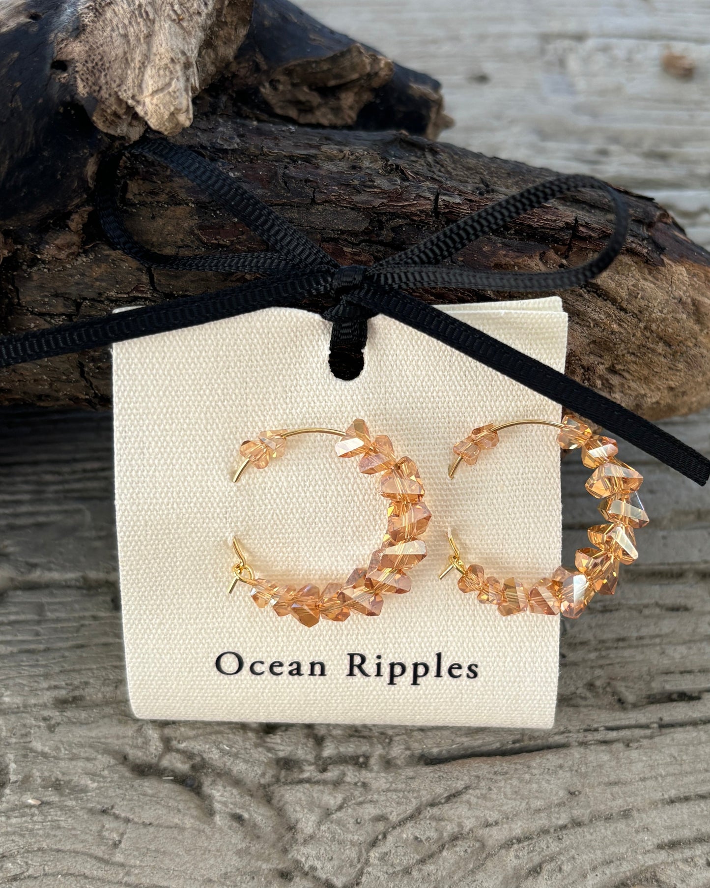 14ct Gold Plated Tea Brown Glass Chips Hoop Earrings