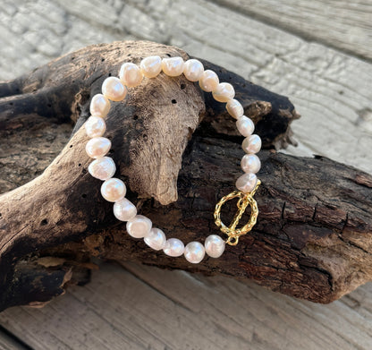 14ct Gold Plated Fresh Water Pearl T- Bar Bracelet