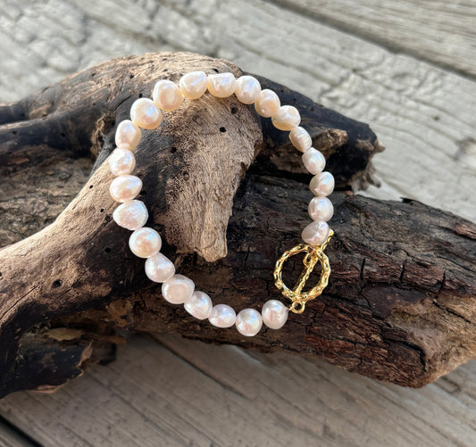14ct Gold Plated Fresh Water Pearl T- Bar Bracelet