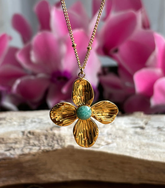 18ct Gold Plated Natural Stone Flower Pendant Necklace - Available in Two Options