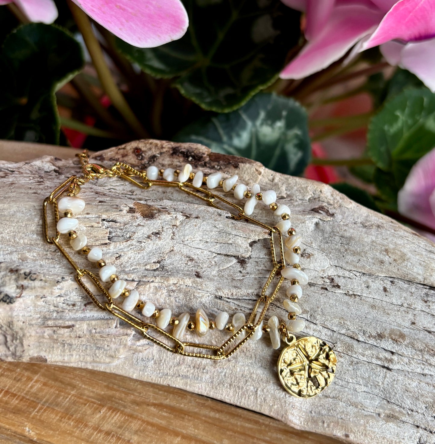 18ct Gold Plated Shell Chips Double Chain Bracelet