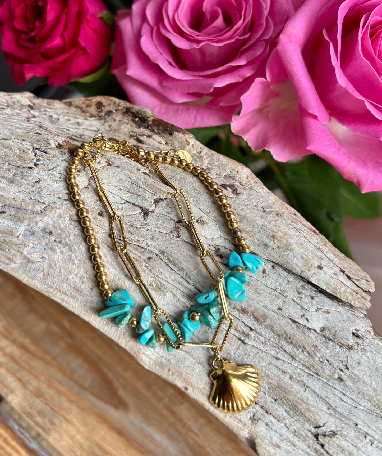 18ct Gold Plated Turquoise Double Chain Bracelet with Shell Charm