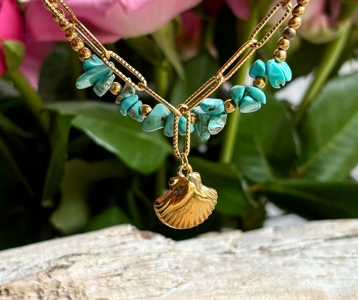 18ct Gold Plated Turquoise Double Chain Bracelet with Shell Charm