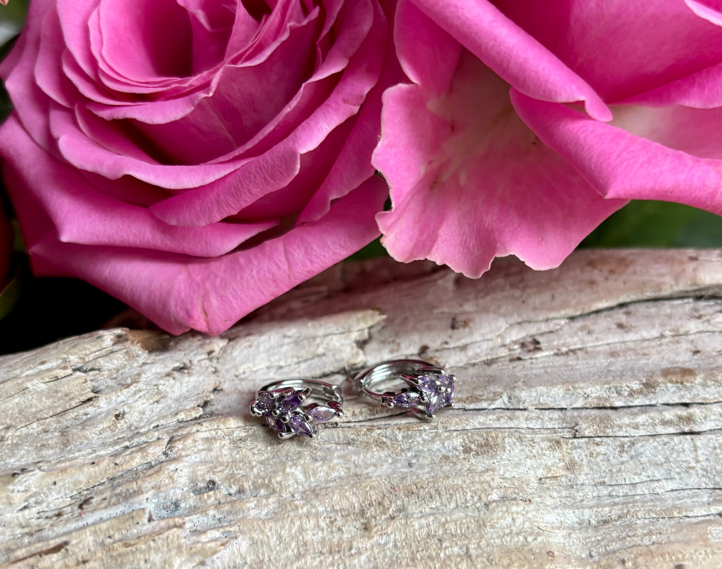 Rhodium Plated Cubic Zirconia Leaf Huggie Earrings - Available in Two Colours
