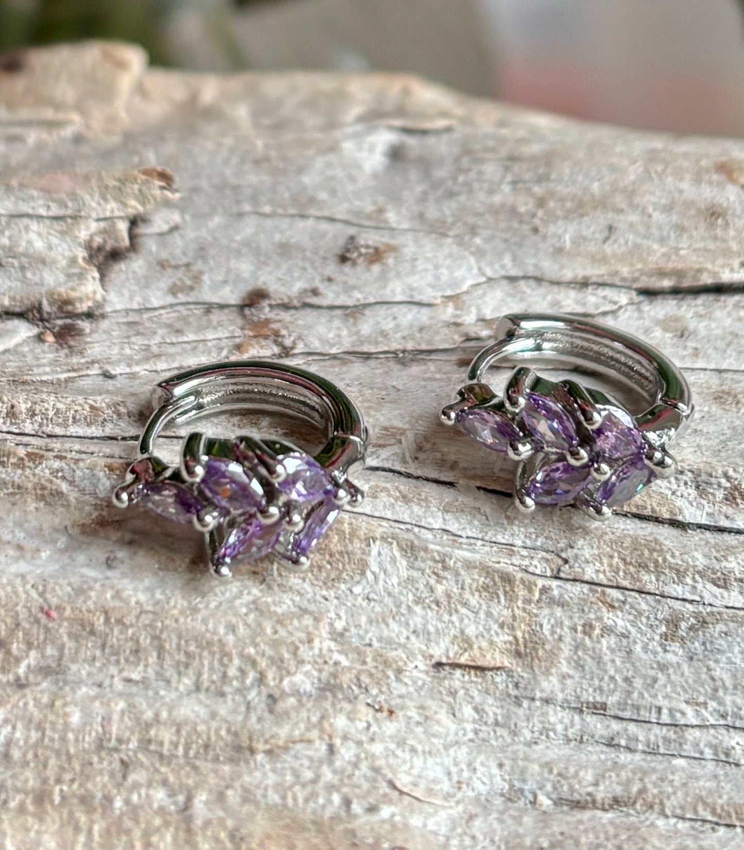Rhodium Plated Cubic Zirconia Leaf Huggie Earrings - Available in Two Colours