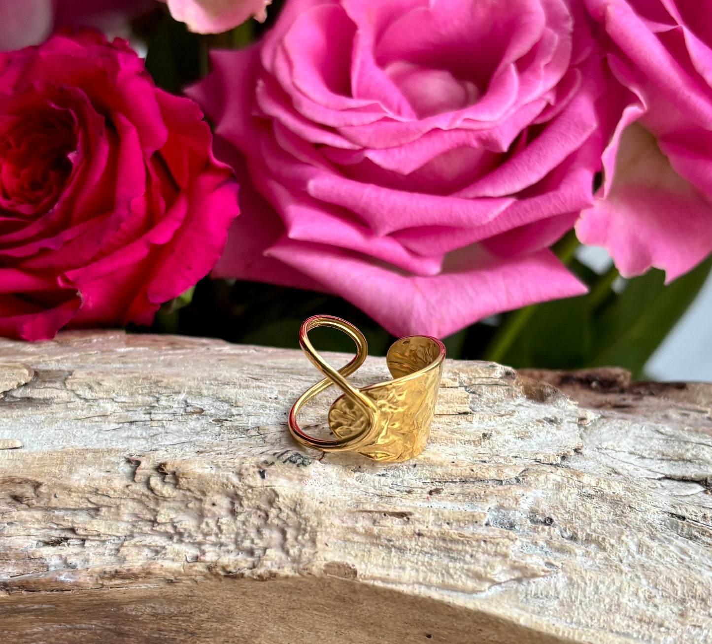 18ct Gold Plated Hammered Crossover Adjustable Ring - Available in Silver