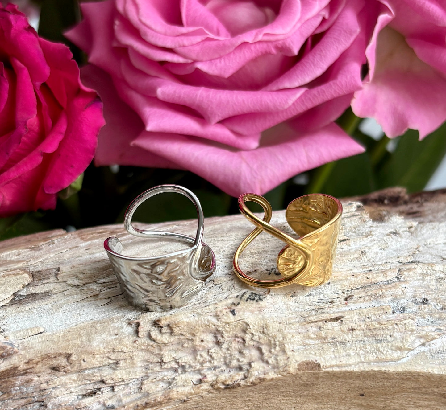 18ct Gold Plated Hammered Crossover Adjustable Ring - Available in Silver