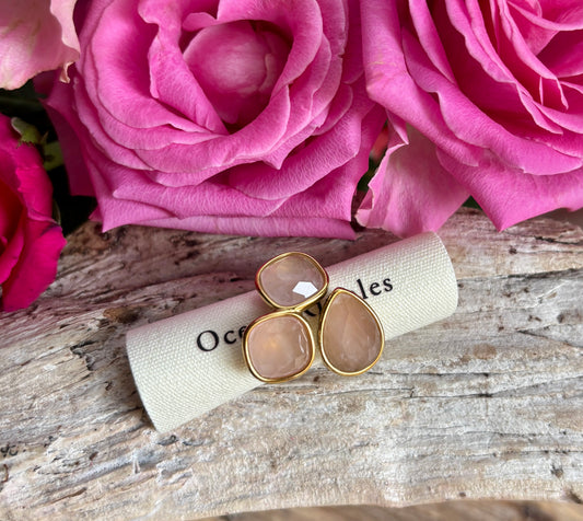 18ct Gold Plated Faceted Rose Quartz Triple Stone Ring