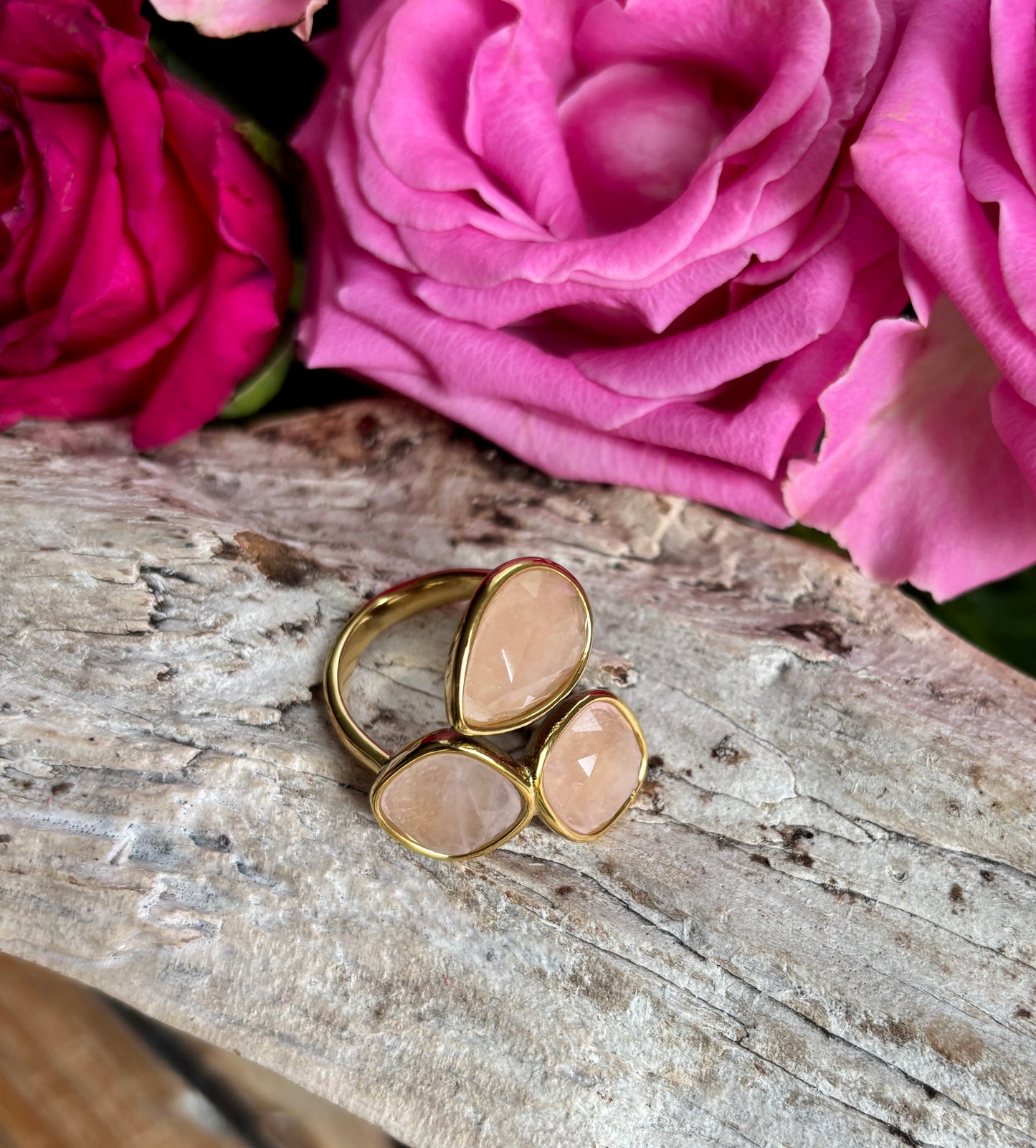 18ct Gold Plated Faceted Rose Quartz Triple Stone Ring