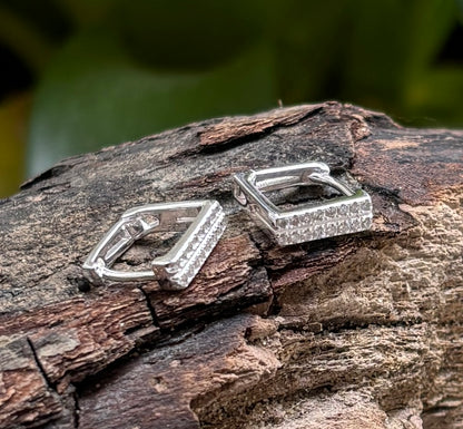 925 Sterling Silver Cubic Zirconia Square Huggie Earrings