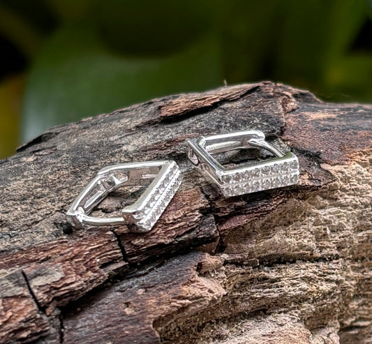 925 Sterling Silver Cubic Zirconia Square Huggie Earrings