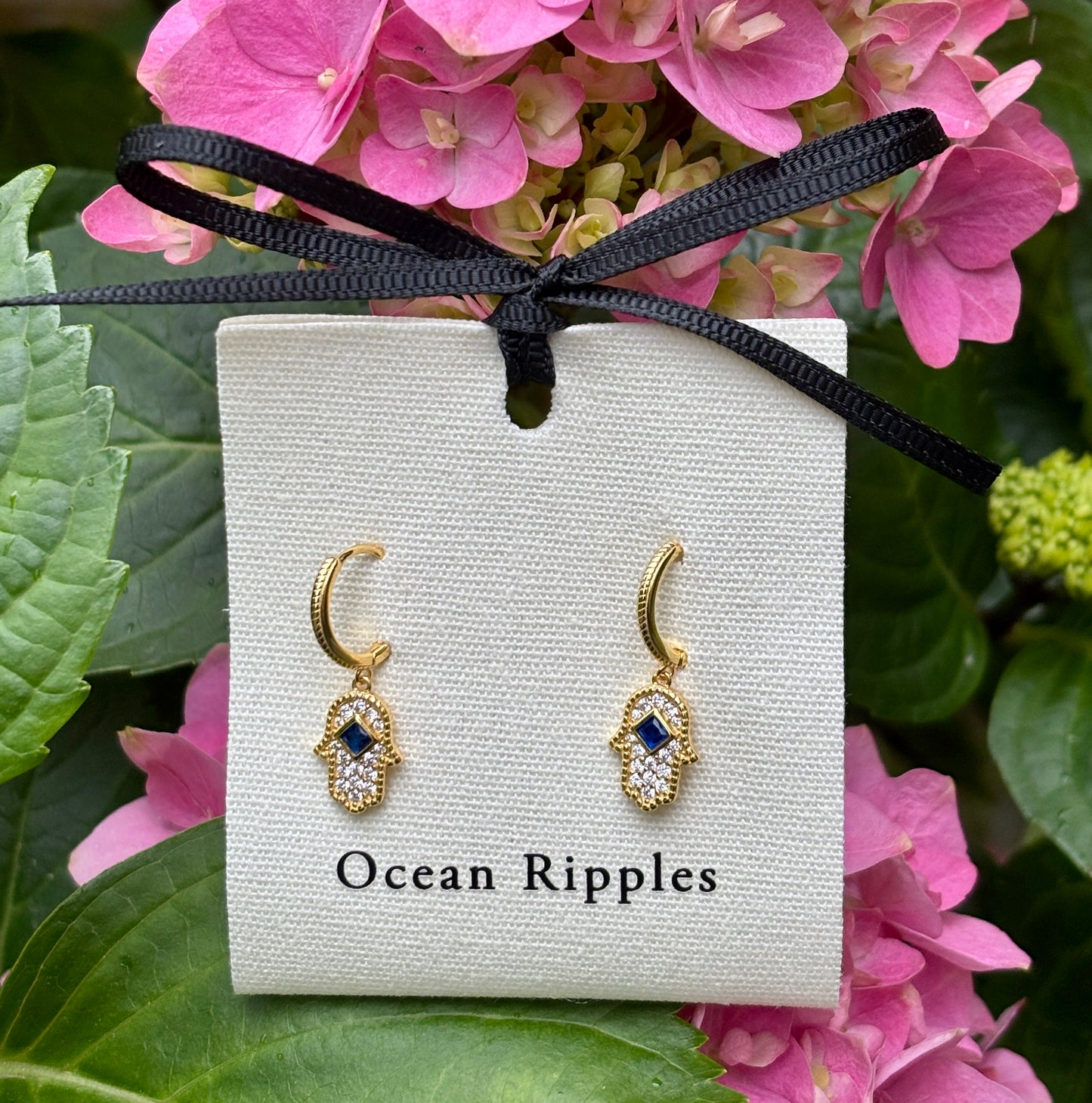 18ct Gold Plated Cubic Zirconia Hamsa Hand Huggie Earrings