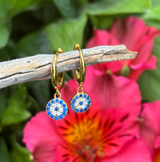 18ct Gold Plated Blue Cubic Zirconia Disc Huggie Earrings
