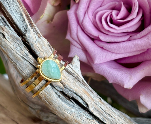 18ct Gold Plated Amazonite Drop Triple Band Ring    