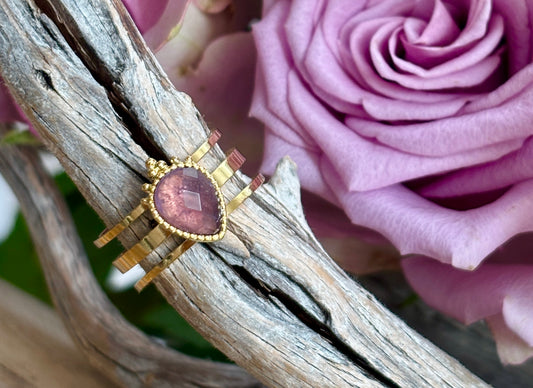 18ct Gold Plated Amethyst Drop Triple Band Ring   