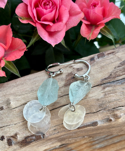 Silver Aquamarine Shell Disc Drop Earrings  