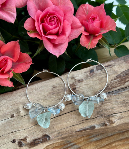 Silver Aquamarine Chip Hoop Earrings 