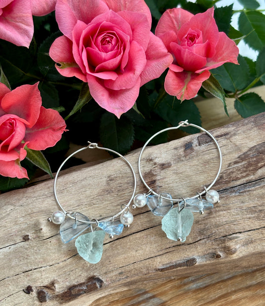 Silver Aquamarine Chip Hoop Earrings 