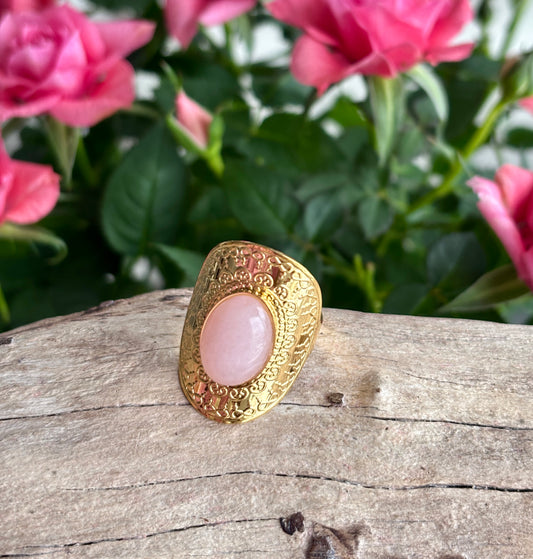 18ct Gold Plated Rose Quartz Shield Adjustable Ring   