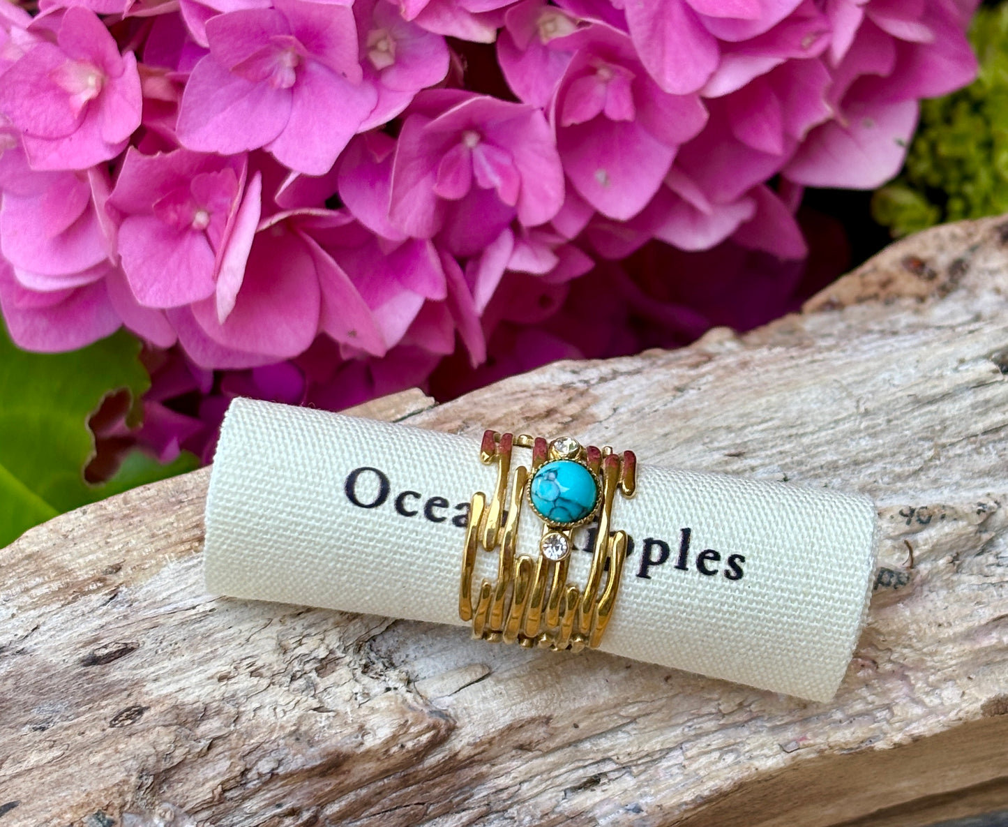 18ct Gold Plated Turquoise Cubic Zirconia Multi Band Ring 