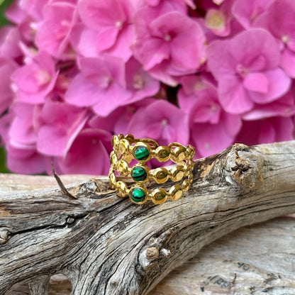 18ct Gold Plated Malachite Triple Band Ring   