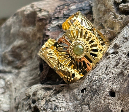18ct Gold Plated Aventurine Hollow Band Adjustable Ring