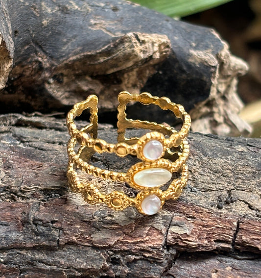 18ct Gold Plated Mother Of Pearl Triple Band Adjustable Ring