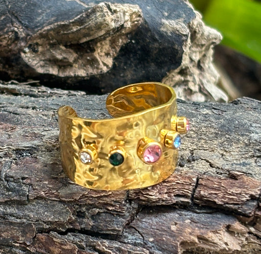18ct Gold Plated Adjustable Multi Coloured Cubic Zirconia Hammered Ring - Available in Silver
